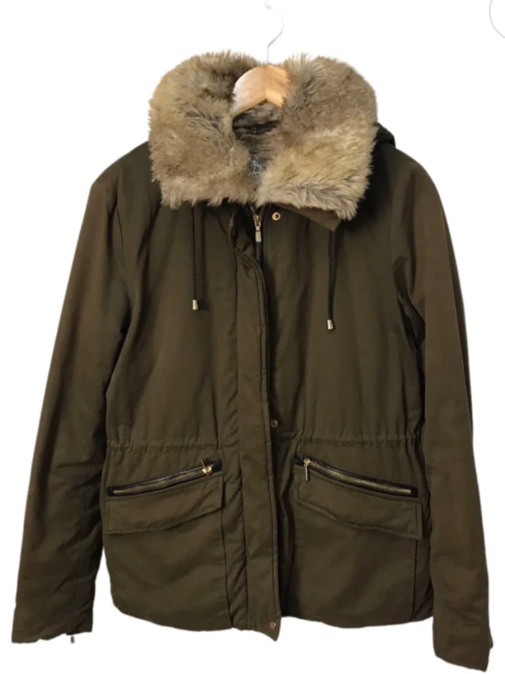 Zara Green Trafaluc Faux Fur Lined Hooded Jacket SMALL